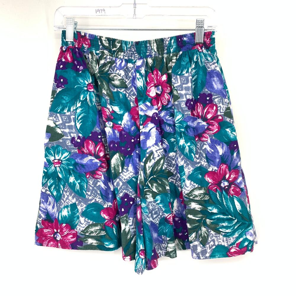 VTG 90s Bermuda Shorts Womens 27" Multicolor Floral Print Pull On Elastic Waist